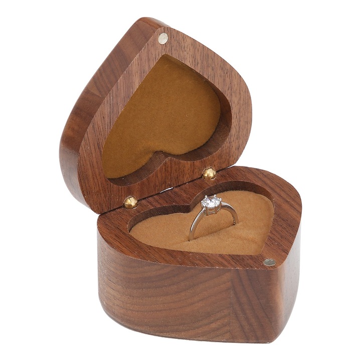 Cutie pentru inel, lemn de piersic, forma de inima, maro, 7x6x4cm