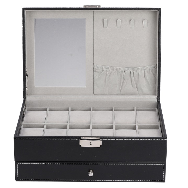 Cutie pentru ceasuri, 12 compartimente, piele, negru, 30x20x13cm