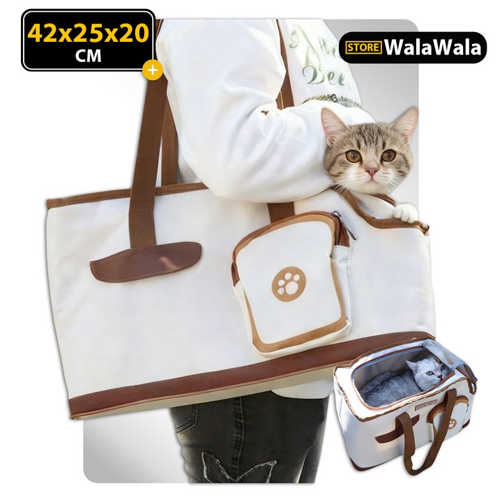 Genta Pliabila pentru Animale de Companie, 42x25x20 cm, Material Oxford, Design Toast, Alb, Patut Lavabil din Lana, Buzunar Mare cu Fermuar, Incuietoare Anti-Evadeaza, Fermoar Personalizat, Portabila pentru Pisici si Caini de Talie Mica