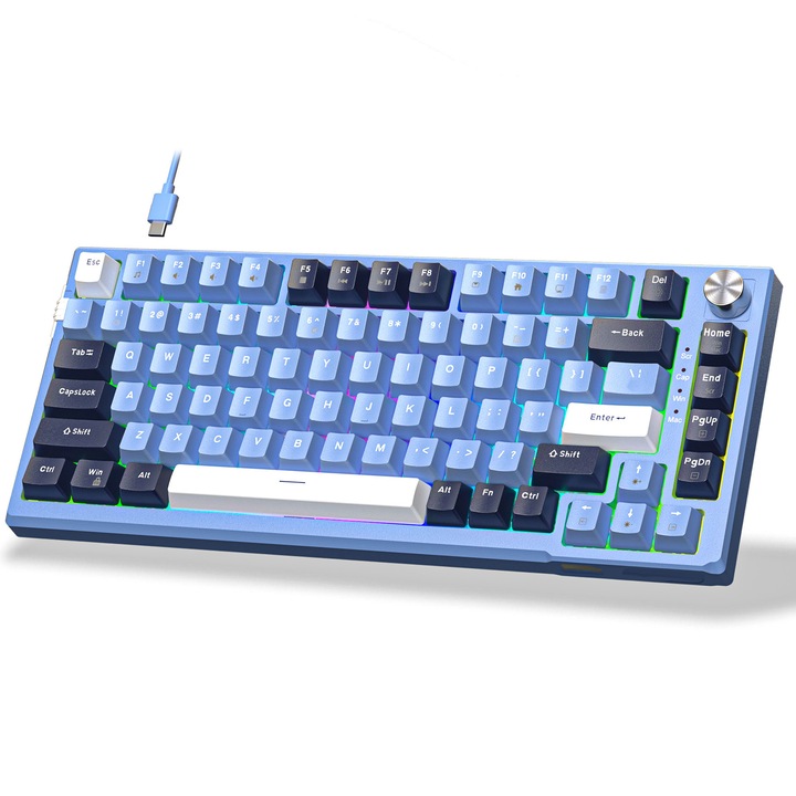 Tastatura Mecanica Gaming Timebox TKL, 75%, iluminare RGB, 83 taste, Control Rotativ Volum, cu cablu Type-C, Blue Switch, Hot-Swap, Portabila, Albastru