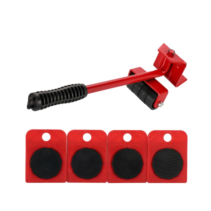 Kit pentru Mutat Mobilier, 4 Platforme cu roti + 1 Parghie Metalica, max. 150 kg, Rosu, ALMK™