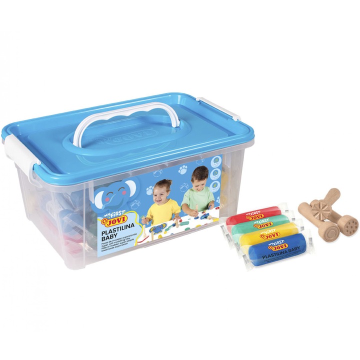 Пластилин Jovi Baby Schoolpack Trunk, 5 броя x 4 цвята, Опаковка 38 гр super soft + 9 дървени печата