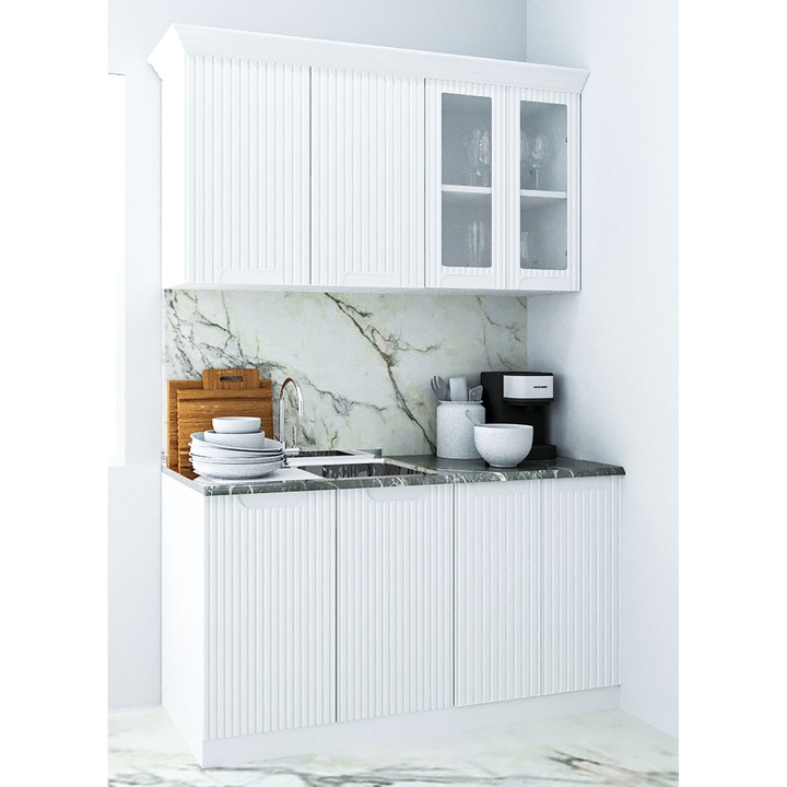 Set bucatarie cu soft-close si fronturi MDF, Badenmob, seria Space, 140cm, Alb Rustic