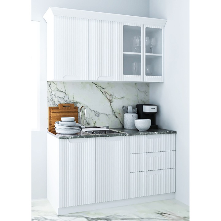 Set bucatarie cu soft-close si fronturi MDF, Badenmob, seria Space, 140.01cm, Alb Rustic