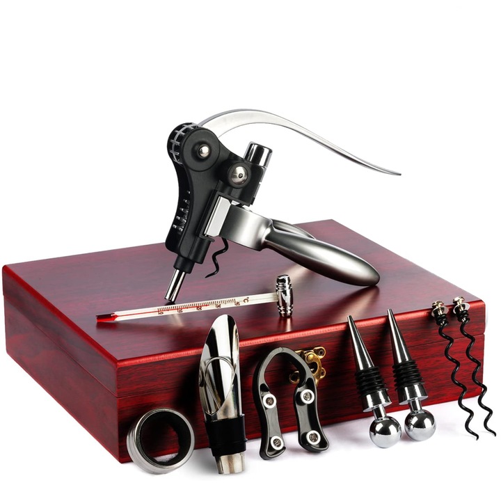 Комплект за вино: тирбушон, отварачка за бутилки, наливащо устройство, термометър, кутия