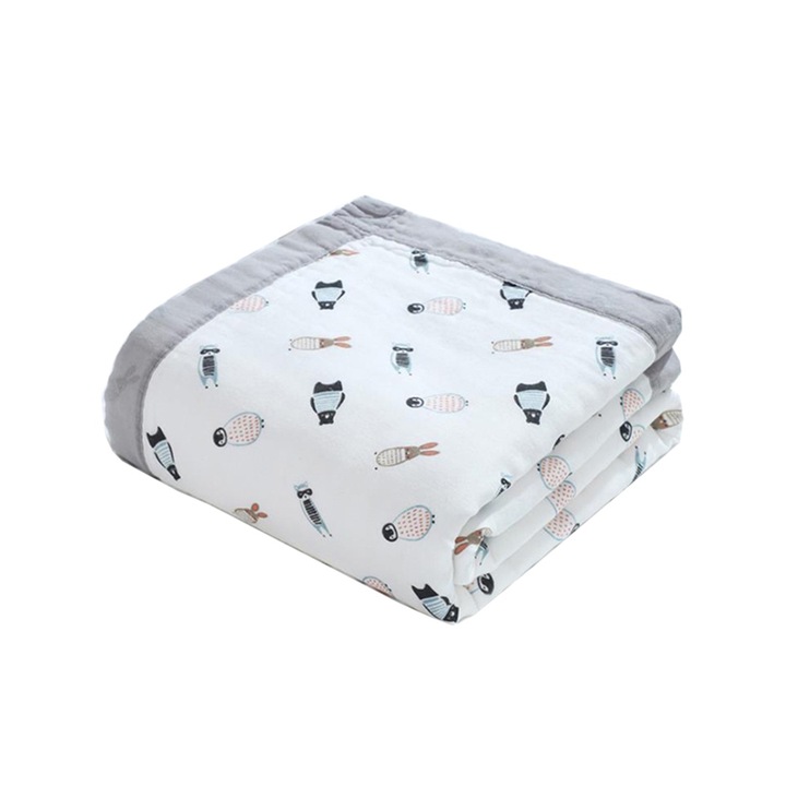 Prosop de baie pentru copii din desene animate, 6 straturi de tifon de bumbac, Multifunctional, 110x110 cm, Gri