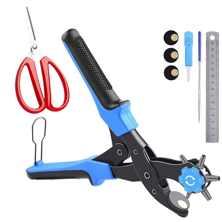 Set 8 cleste preducea si accesorii pentru perforare curele, Cu foarfeca, Axroad Mall, Cu 6 dimensiuni de cadran pentru dimensiunea gaurii, Designul cu parghie dubla si manere antiderapante, Otel, 250mm, Albastru/Negru