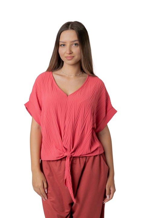 Ежедневна блуза с текстурирана визия и възел на талията, Корал, One Size