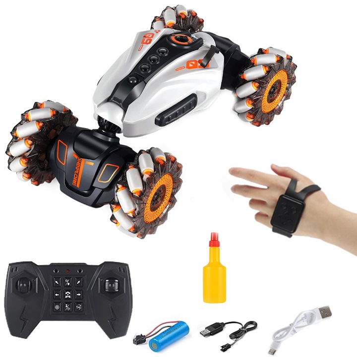 Кола играчка с дистанционно управление за деца, NUODWELL Stunt Car, RC разпознаване на жестове, въртене на 360 °, С LED светлини и музика, За каскади, дрифт и офроуд, Момчета и момичета, Сив