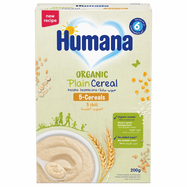 Cereale Humana , 5 cereale fara lapte Bio, 200g, de la 6 luni