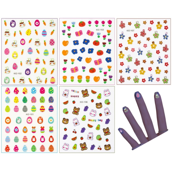 Set 5 foi autocolante unghii, Autocolante temporare pentru tatuaje pentru unghiile copiilor，Autocolante pentru notebook，fluorescente, Desen animat dragut, multicolor,24.4g