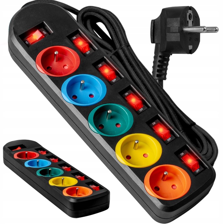 Vayox VA0259 hosszabbító kábel, 5 aljzat kapcsolókkal, földelés, gyerekvédelem, kapcsolóval, IP20, 2m, 2500W, Fekete