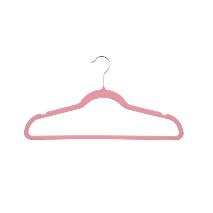 Set Umerase Catifea Antialunecare, UnicUtil, 10 Bucati, Ultra Subtiri si Rezistente, Dimensiuni 45 x 23 x 0.5 cm, Carlig Rotativ 360°, Suporta Pana la 3 kg, Design Slim, Ideal pentru Camasi, Paltoane, Sacouri, Roz