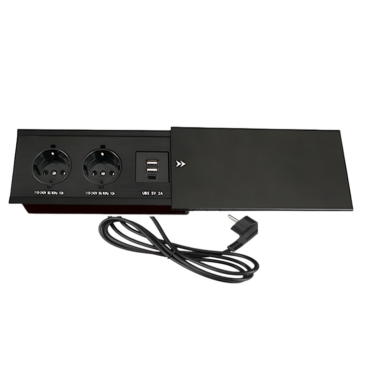 Priza incorporabila in blat, REMITEN, Birou, Bucatarie, Mobila, 2 prize Shucko, 2 Porturi USB si 1 Port C, Incarcator, 2A, Cu cablu de 1,8 metri lungime, Stecher European, Capac cu sina glisabil, 16A, 240V-2400W, Doza, Culoare Negru
