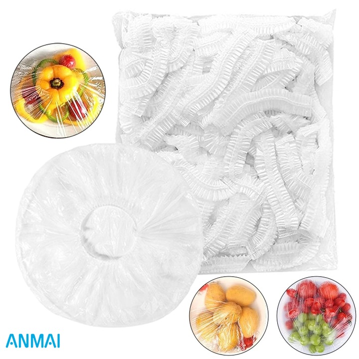 Set 100 Huse/Capace/Folie pentru boluri si alimente, Anmai, 8 - 20 cm, Transparente din PVC cu elastic Alb, Universale