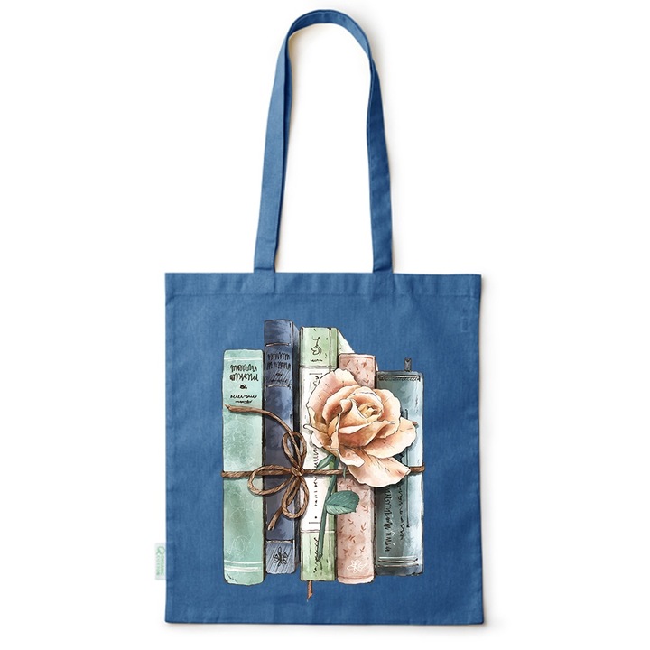Go For It Shopper fazonú pamut táska mintával, Flowers Collection, Old Book With A Rose, 38x42cm, Kék, AB-BDY10