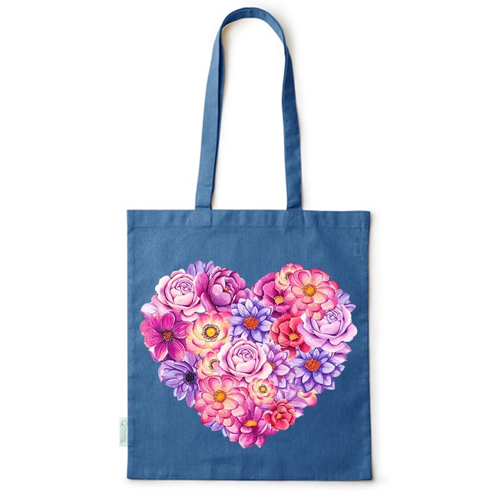 Intelli® Környezetbarát pamut bevásárlótáska hosszú füllel, Flowers Collection, Heart Flower, 38x42cm, Kék, AB-BDY3
