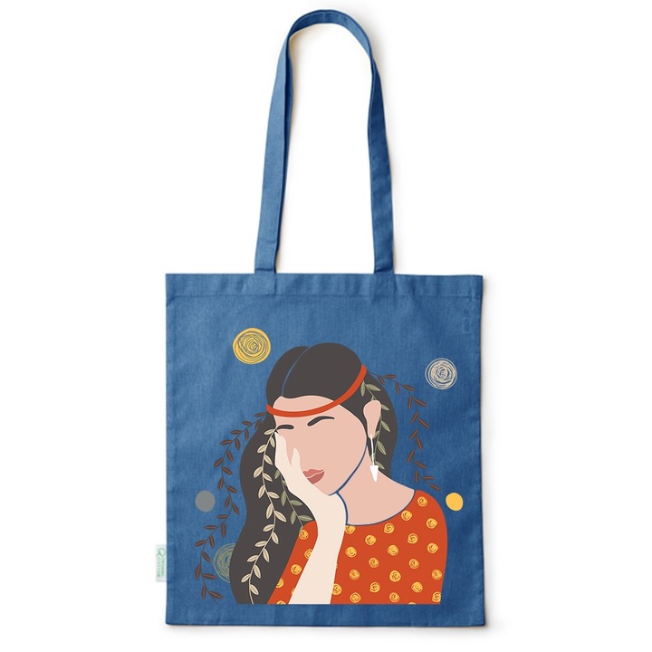 Intelli® Környezetbarát pamut bevásárlótáska hosszú füllel, virágos lány, 38×42cm, kék, AB-BDY51