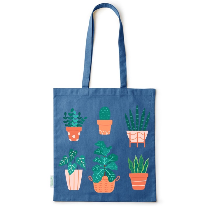 Go For It Shopper fazonú pamut táska mintával, Flowers Collection, Houseplants, 38x42cm, Kék, AB-BDY46