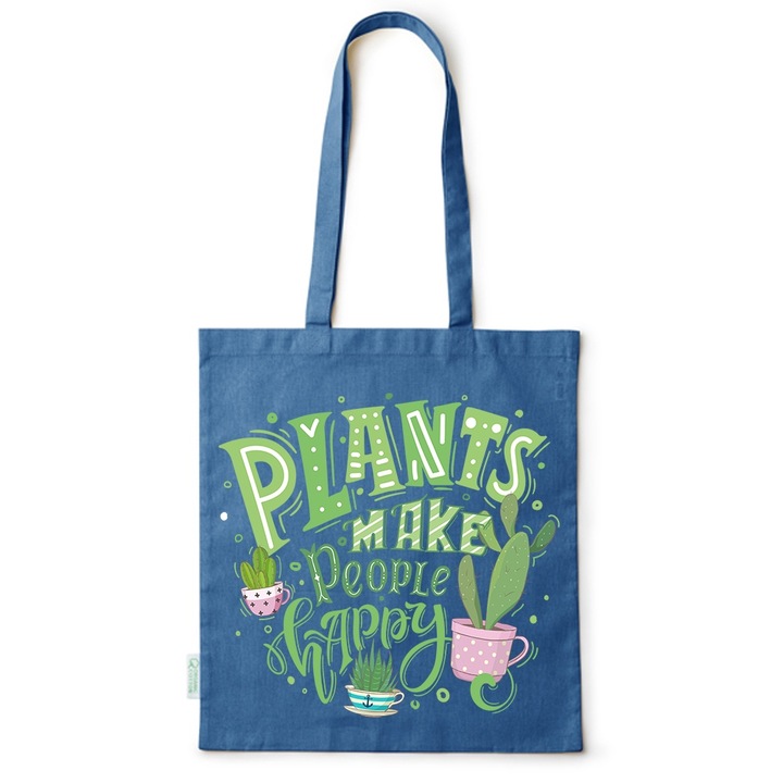 Intelli® Екологична памучна пазарска чанта Sacosa с дълги дръжки, Plants Make Me Happy, 38×42cm, Синя, AB-BDY25