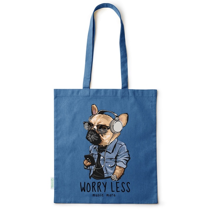 Go For It Shopper fazonú pamut táska mintával, Worry Less, 38×42cm, Kék, AB-BDY73