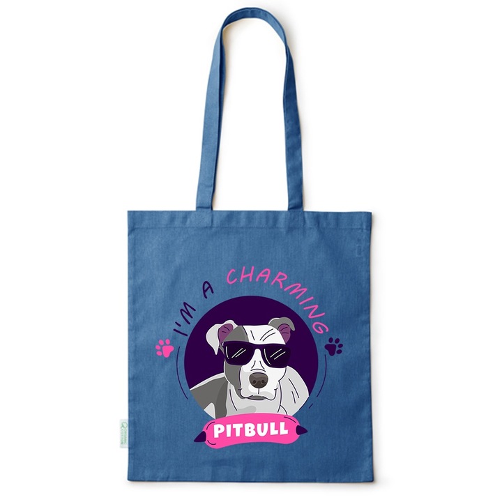 Go For It Shopper fazonú pamut táska mintával, Pitbull, 38×42cm, Kék, AB-BDY74