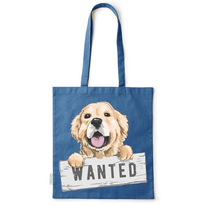Go For It Shopper fazonú pamut táska mintával, Wanted Dog, 38×42cm, Kék, AB-BDY77