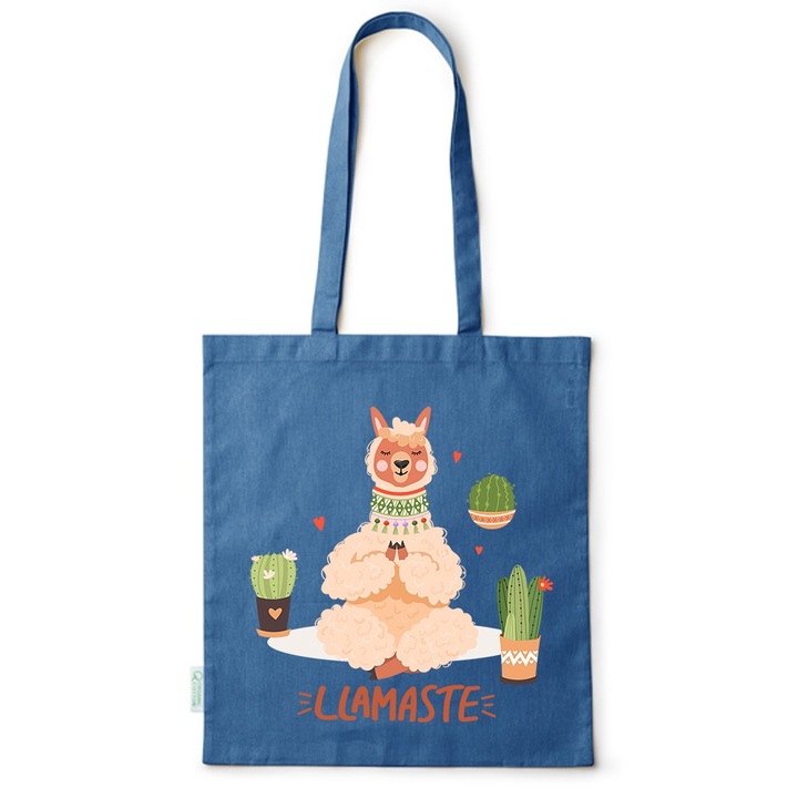 Intelli® Екологична памучна пазарска чанта Sacosa с дълги дръжки, Llamaste, 38×42см, Синя, AB-BDY29