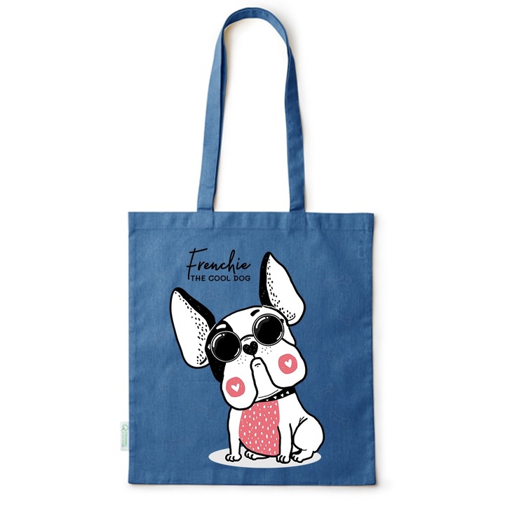 Intelli® Еко пазарска чанта от памук Sacosa с дълги дръжки, The Cool Dog, 38×42см, Синя, AB-BDY71