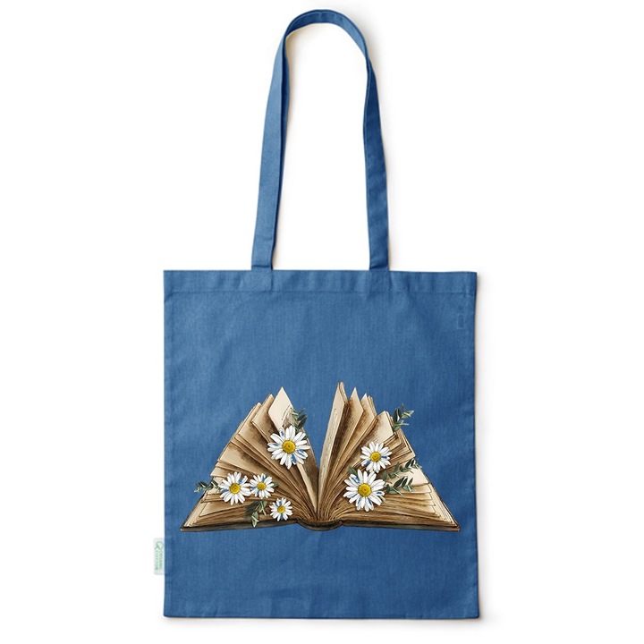 Go For It Shopper fazonú pamut táska mintával, Flowers Collection, Book With Daisy Flower, 38x42cm, Kék, AB-BDY9