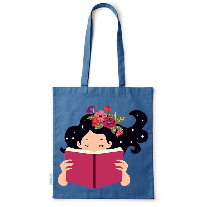 Intelli® Sacosa bumbac Eco-friendly pentru cumparaturi cu manere lungi, Book lover, 38×42cm, Albastru, AB-BDY125