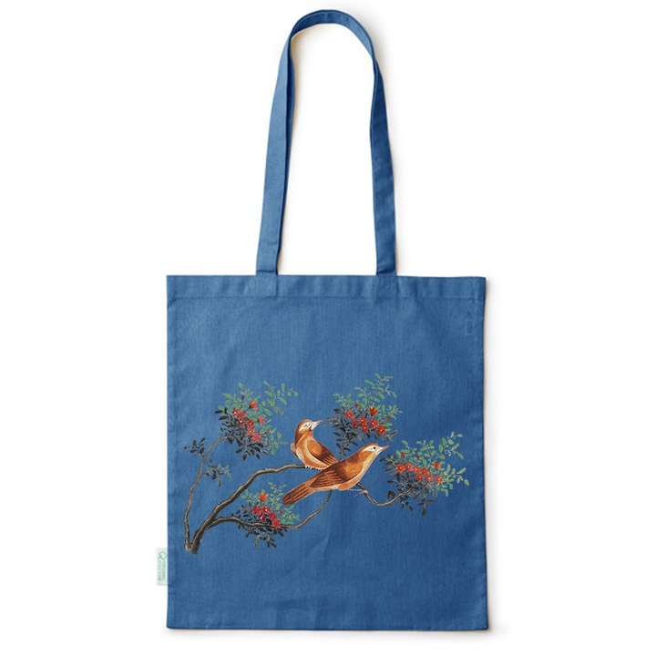 Go For It Shopper fazonú pamut táska mintával, Birds on a branch, 38×42cm, Kék, AB-BDY134