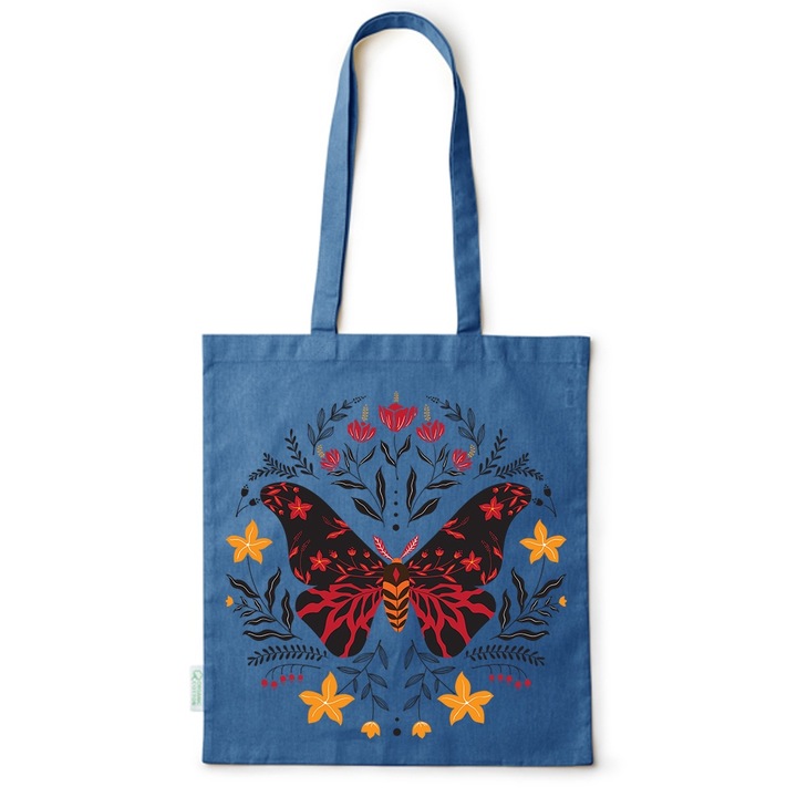 Go For It Shopper fazonú pamut táska mintával, Butterfly with flowers, 38×42cm, Kék, AB-BDY143