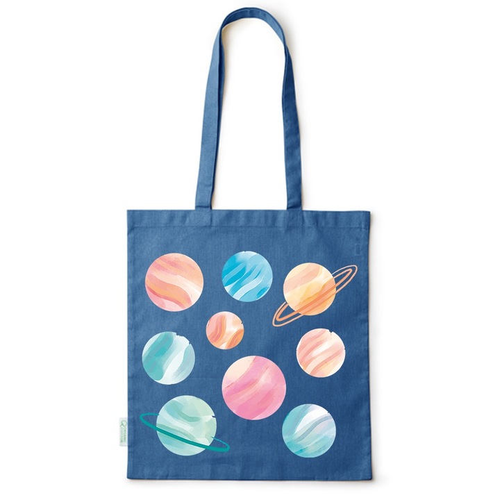 Go For It Shopper fazonú pamut táska mintával, Planets, 38×42cm, Kék, AB-BDY170