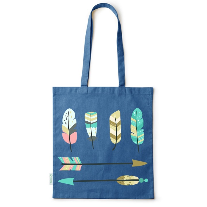 Go For It Shopper fazonú pamut táska mintával, Arrows - Feathers, 38×42cm, Kék, AB-BDY154
