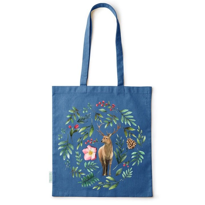 Go For It Shopper fazonú pamut táska mintával, Deer, 38×42cm, Kék, AB-BDY166