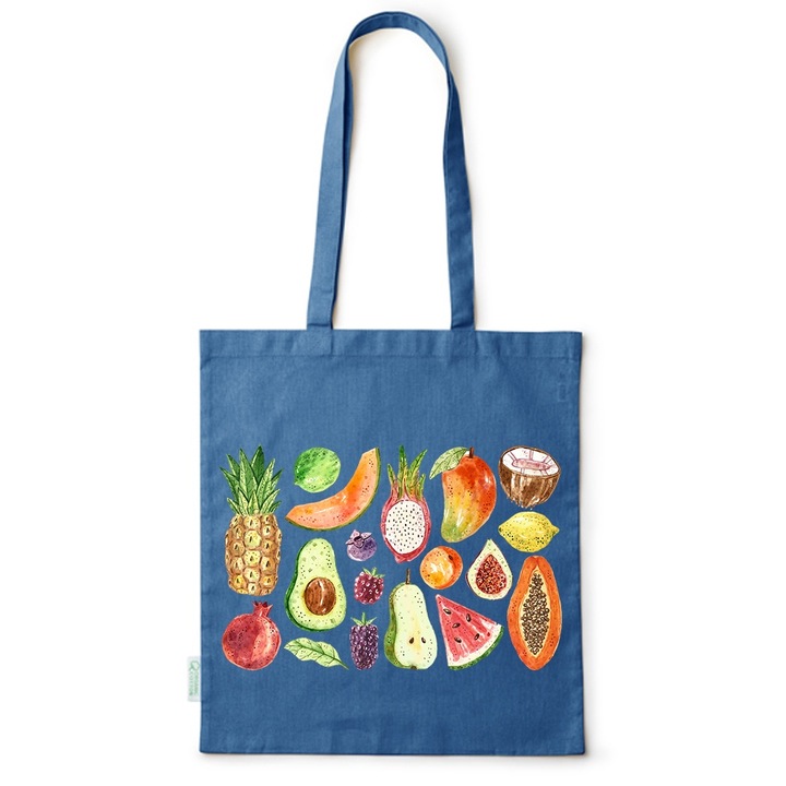 Intelli® Pamut Eco-barat taska hosszu fulekkel, Gyumolcsok, 38×42cm, Kék, 38 x 42 cm