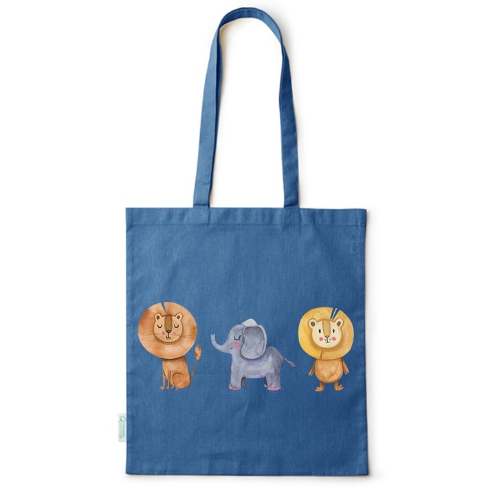 Go For It Shopper fazonú pamut táska mintával, Cartoon Animals, 38×42cm, Kék, AB-BDY168