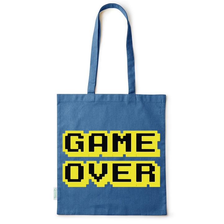 Intelli® Еко-приятелска памучна чанта за пазаруване Sacosa с дълги дръжки, Game Over, 38×42см, Синя, AB-BDY176