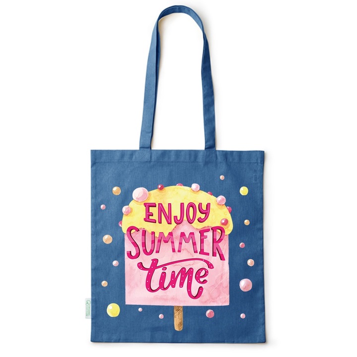 Go For It Shopper fazonú pamut táska mintával, Enjoy Summer, 38×42cm, Kék, AB-BDY206