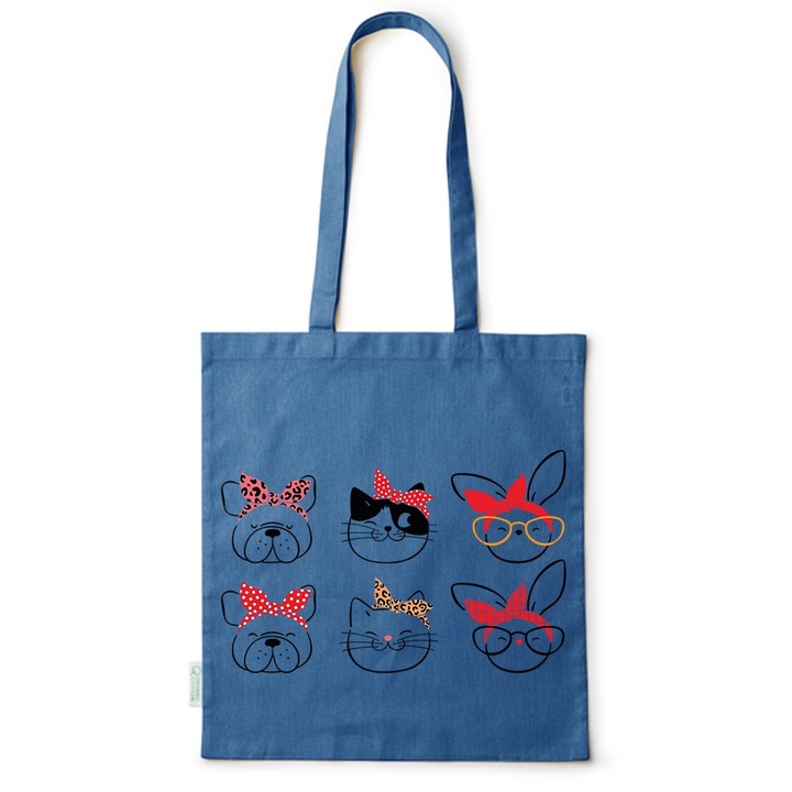 Go For It Shopper fazonú pamut táska mintával, Bulldog - Cat - Bunny, 38×42cm, Kék, AB-BDY198