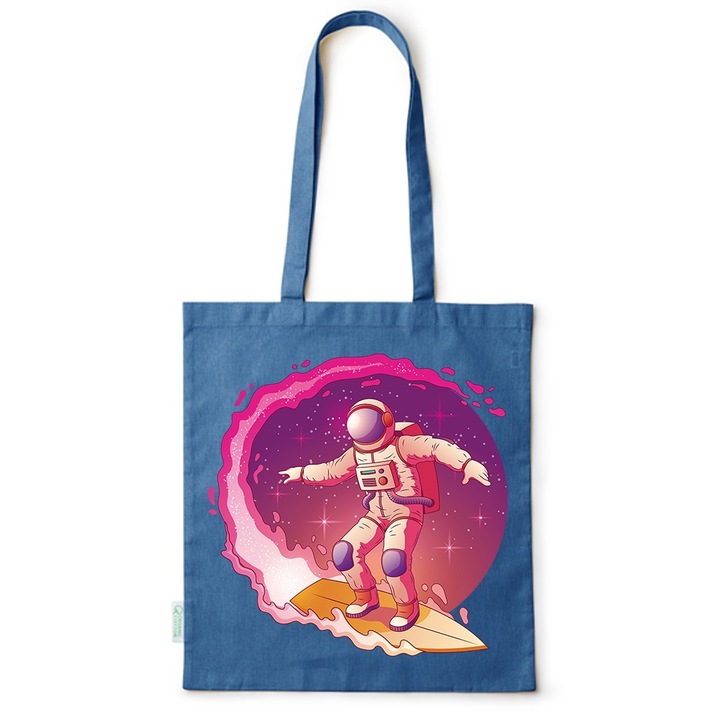 Go For It Shopper fazonú pamut táska mintával, Surfing Astronaut, 38×42cm, Kék, AB-BDY207