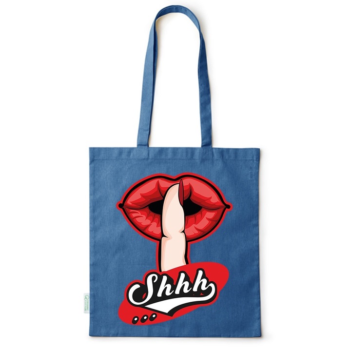 Go For It Shopper fazonú pamut táska mintával, Lips - Shhh, 38×42cm, Kék, AB-BDY219
