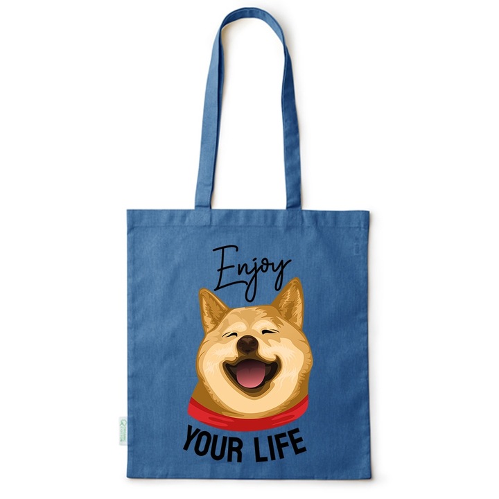 Go For It Shopper fazonú pamut táska mintával, Enjoy Your Life, 38×42cm, Kék, AB-BDY231