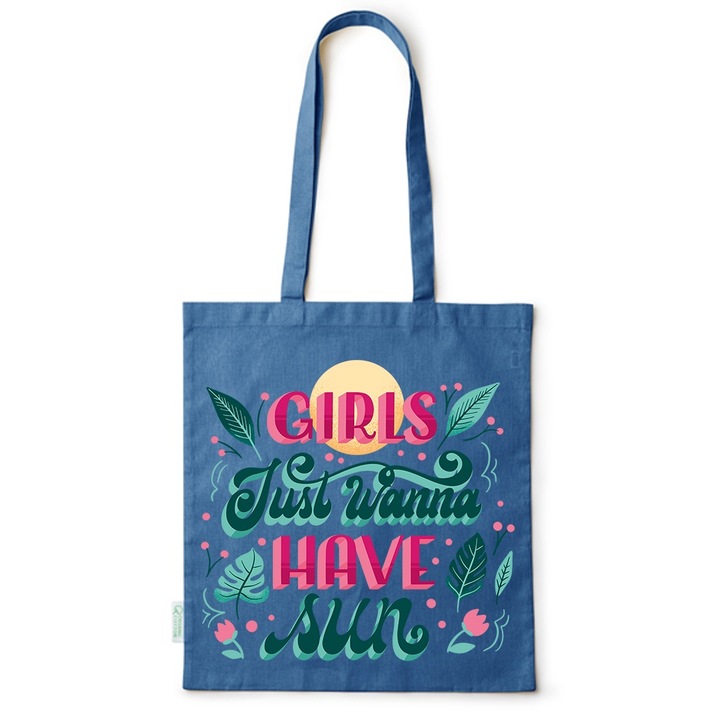 Go For It Shopper fazonú pamut táska mintával, Girls Just Wanna Have Sun, 38×42cm, Kék, AB-BDY242