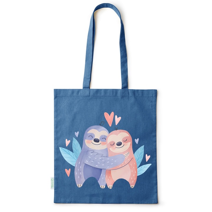 Go For It Shopper fazonú pamut táska mintával, Sloth Love, 38×42cm, Kék, AB-BDY250