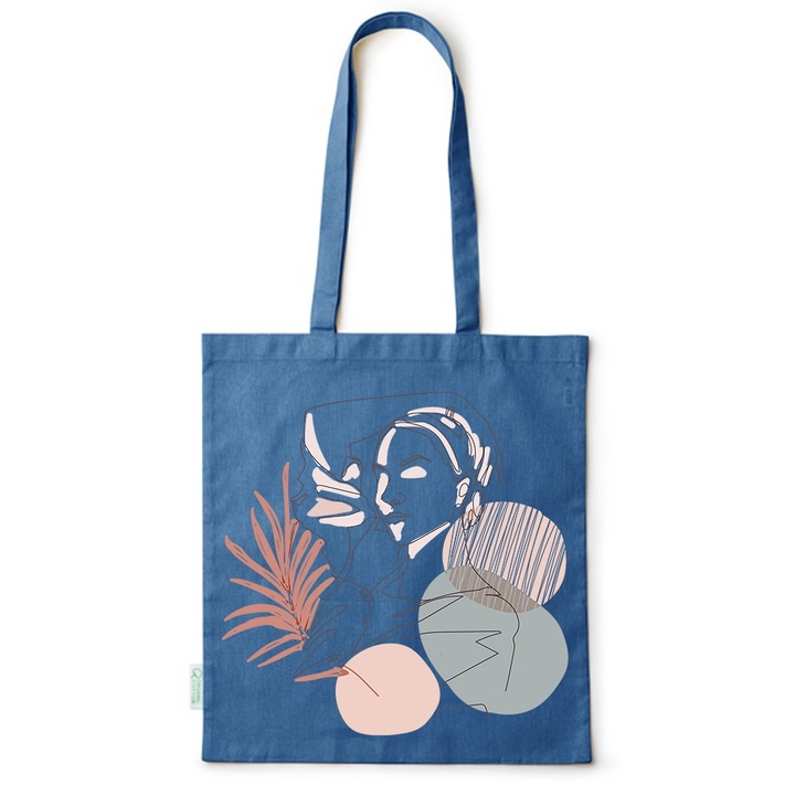 Go For It Shopper fazonú pamut táska mintával, Woman Lineart Abstract, 38×42cm, Kék, AB-BDY19