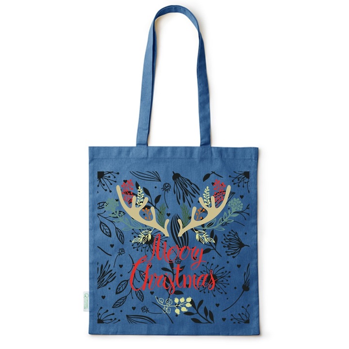 Go For It Shopper fazonú pamut táska mintával, Merry Christmas, 38×42cm, Kék, AB-BDY270