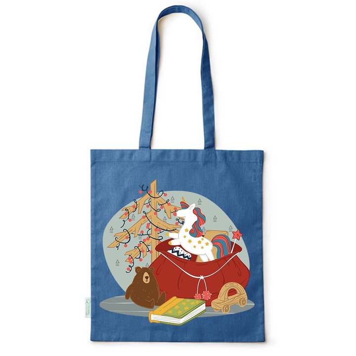 Go For It Shopper fazonú pamut táska mintával, Christmas Gifts, 38×42cm, Kék, AB-BDY269