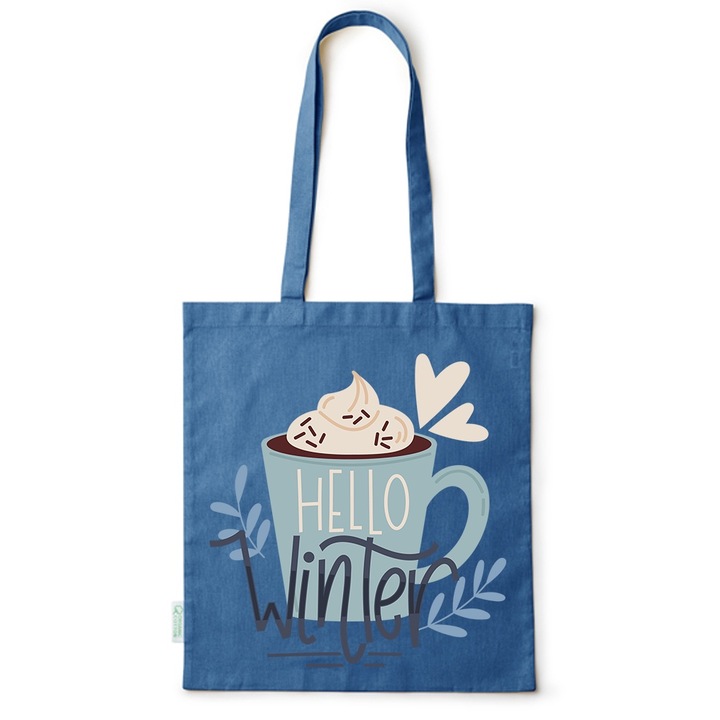 Go For It Shopper fazonú pamut táska mintával, Hello Winter, 38×42cm, Kék, AB-BDY251
